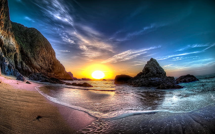 Sunrise, sunshine, sea, sand, sunlight, beach, waves, clouds, nature, sky, sun, ocean HD wallpaper