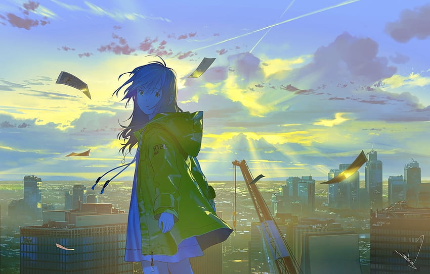 Hoodie, Rooftop, Anime Girl, Buildings, Clouds, Papers, Cityscape - Resolution: HD wallpaper