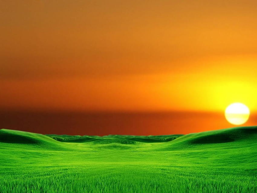 日の出 - オレンジと緑の背景、 高画質の壁紙
