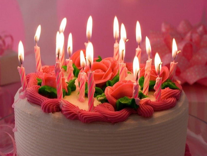 Bolo de aniversário rosa, doce, rosa, brilhante, morangos, aniversário, bolo, creme papel de parede HD