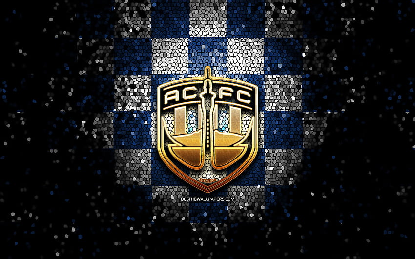 Auckland City FC, Glitzerlogo, neuseeländische Fußballmeisterschaft, blau-weiß karierter Hintergrund, Fußball, neuseeländischer Fußballverein, Logo von Auckland City, Mosaikkunst, Fußball, Auckland City HD-Hintergrundbild