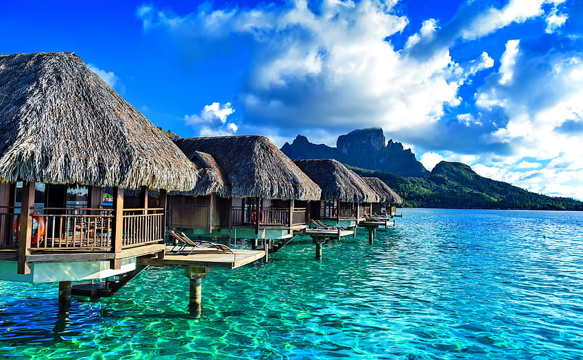 Exotic vacation, sea, tropics, crustal, exotic, beautiful, beach, vacation, summer, hut, sky, water, ocean HD wallpaper