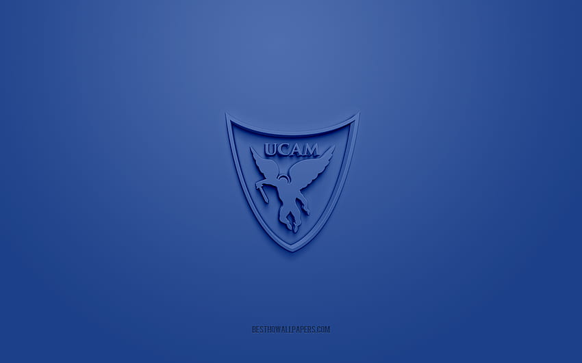 UCAM Murcia CB, logo 3D kreatif, latar belakang biru, tim bola basket Spanyol, Liga ACB, Murcia, Spanyol, seni 3d, bola basket, logo 3d UCAM Murcia CB Wallpaper HD