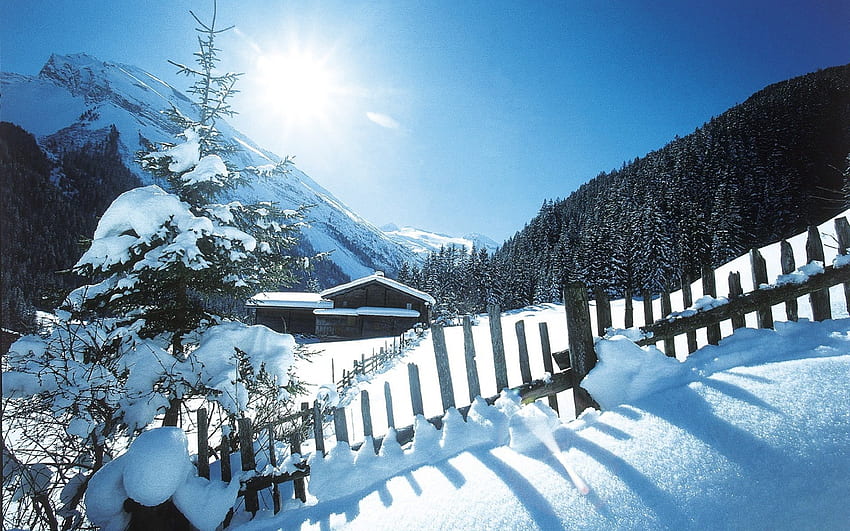 wonderful valley in winter on a sunny day, valley, fence, mountains, sun, cabin HD wallpaper