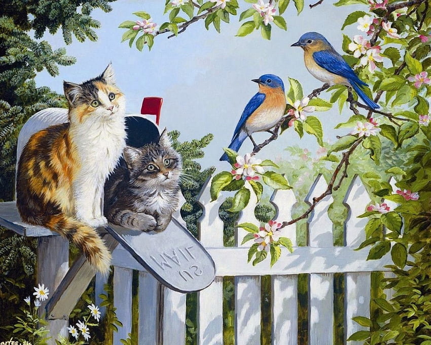 Songbirds and Friends, karya seni, lukisan, pstbox, pagar, kucing, pohon Wallpaper HD
