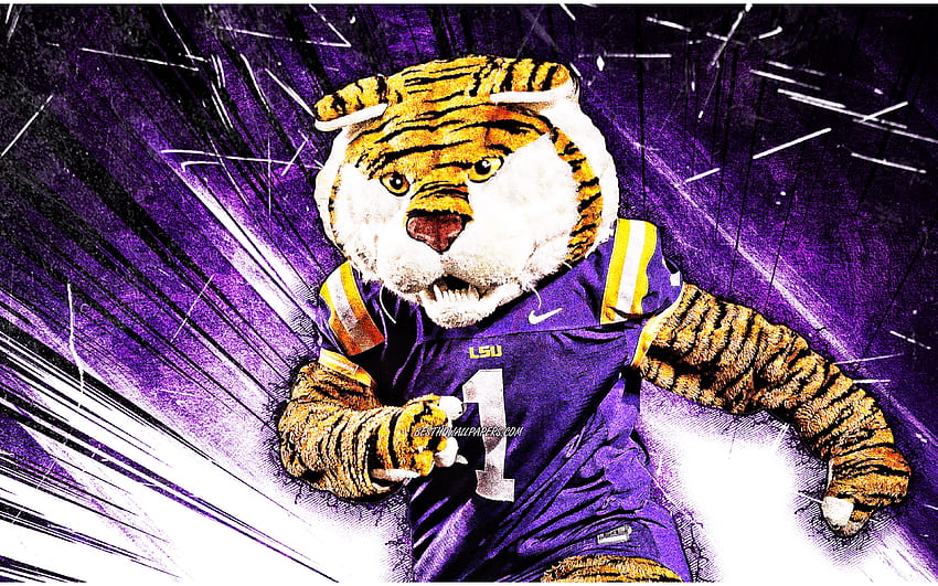 Mike the Tiger, arte grunge, mascota, LSU Tigers, NCAA, rayos abstractos violetas, mascota de LSU Tigers, mascotas de la NCAA, mascota oficial, mascota de Mike the Tiger fondo de pantalla