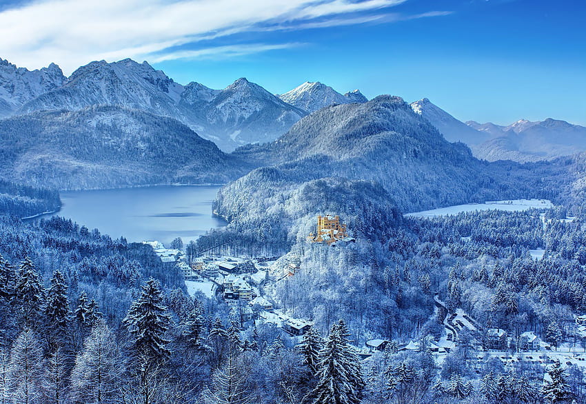 Germany southern Bavaria castle Hohenschwangau Hohenswangau, Snow Mountain Lake HD wallpaper