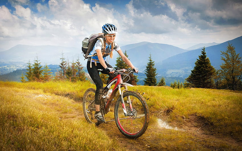 Girl ride bike, travel, grass, trees, mountains Full HD wallpaper