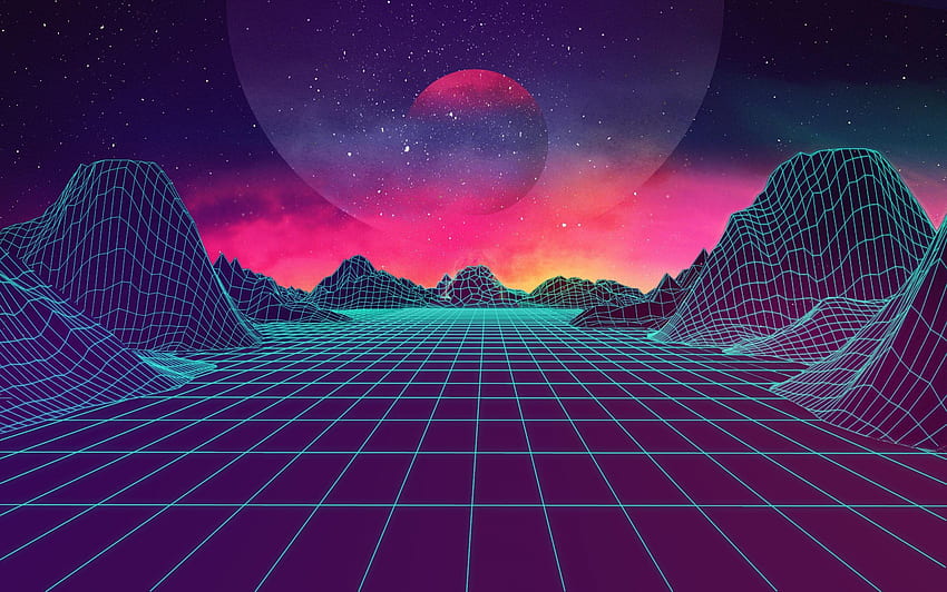 Terrain grid illustration, Mountains, Music, Stars, Neon, Space • For You For & Mobile, Retro Astronaut HD wallpaper