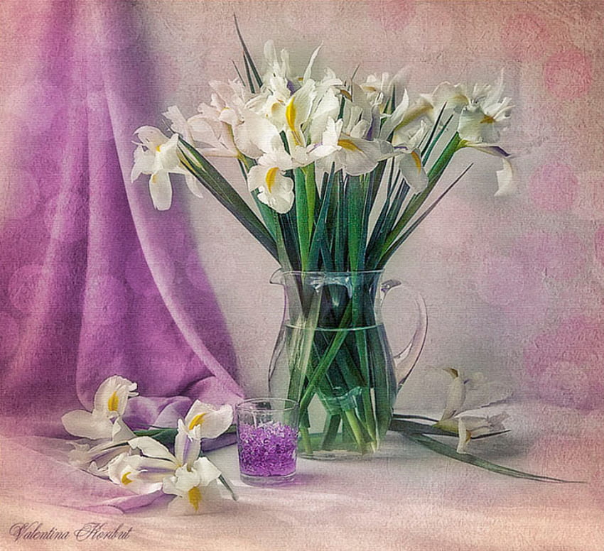flowers vase, white, dafodils, beautiful, glass vase, painting, shawl, flowers, rable, lilac HD wallpaper
