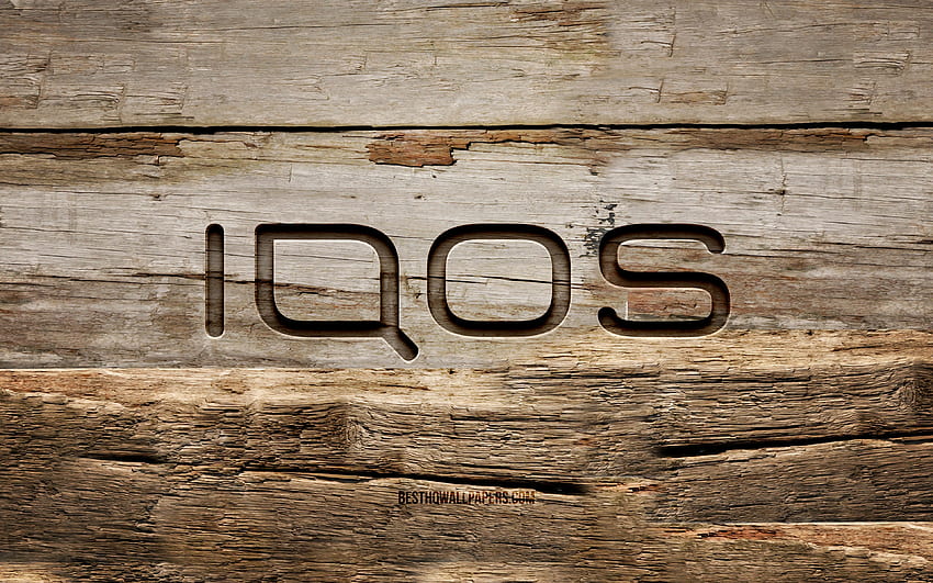 Logótipo de madeira IQOS, fundos de madeira, marcas, logótipo IQOS, criativo, escultura em madeira, IQOS papel de parede HD