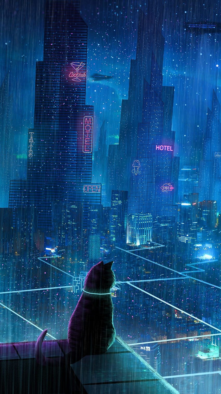 Cat, roof, city, neon lights, cyberpunk HD phone wallpaper | Pxfuel