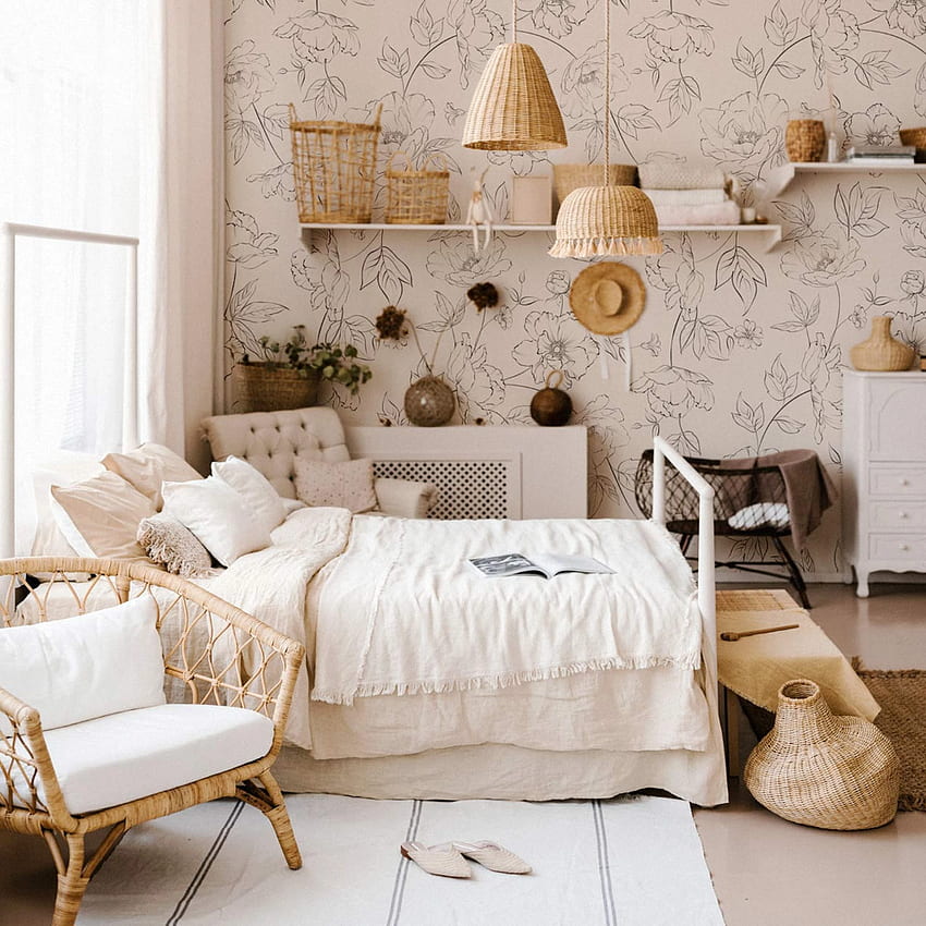 Cozy bohemian master bedroom interior with Grey Speckle removable