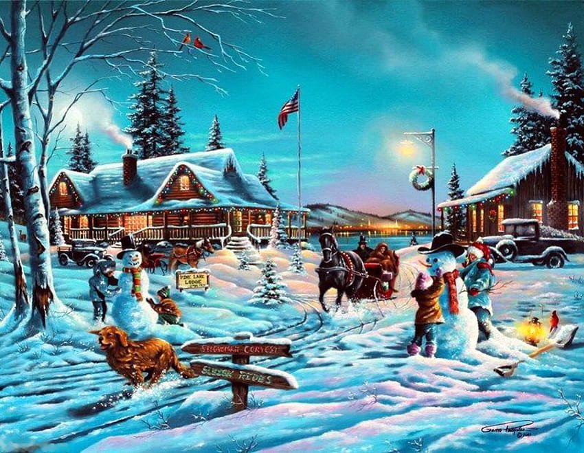 Winter Bliss, opera d'arte, pupazzo di neve, cavallo, slitta, pittura, neve, case, persone Sfondo HD