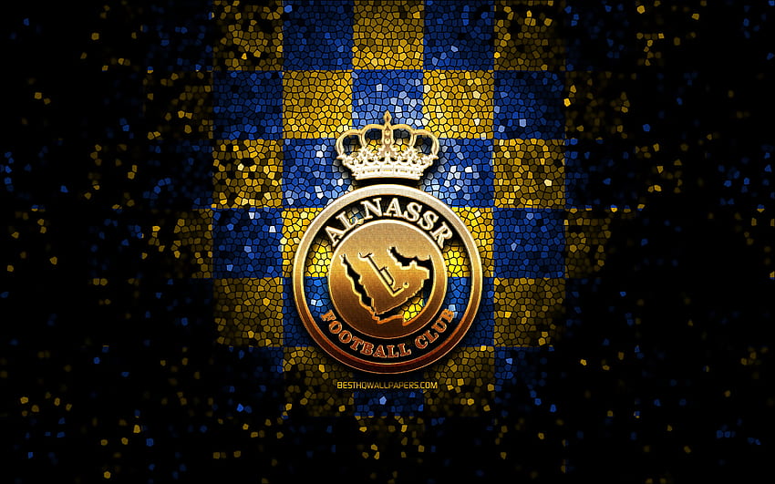 Al-Nassr FC, glitter logo, Arábia Liga Profissional, azul amarelo fundo quadriculado, futebol, saudita futebol clube, Al-Nassr FC logo, arte em mosaico, futebol, Al-Nassr papel de parede HD