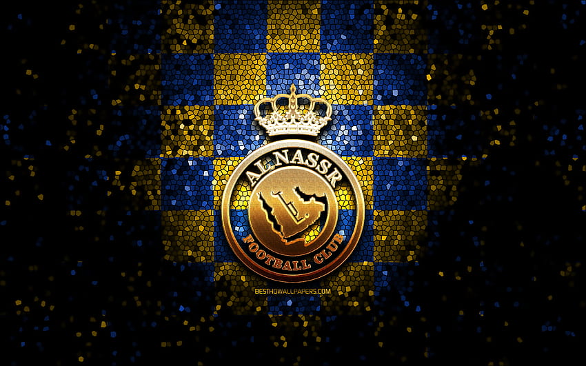 Al-Nassr FC, logo scintillant, Ligue professionnelle saoudienne, fond bleu jaune à carreaux, football, club de football saoudien, logo Al-Nassr FC, art de la mosaïque, football, Al-Nassr Fond d'écran HD