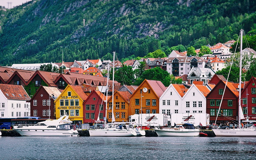 Mare, città, case, montagne, yacht, Norvegia Sfondo HD