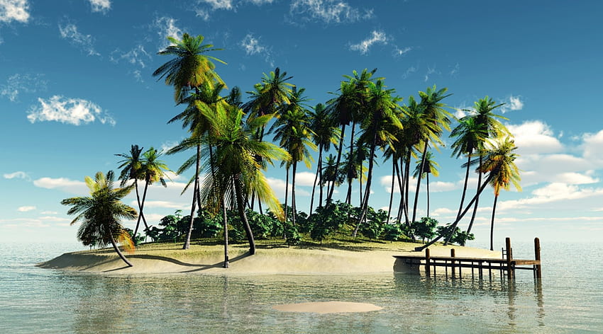 Fantastic Isle, palms, sea, uninhabited, paradisiac, trees, wood pier, beach HD wallpaper