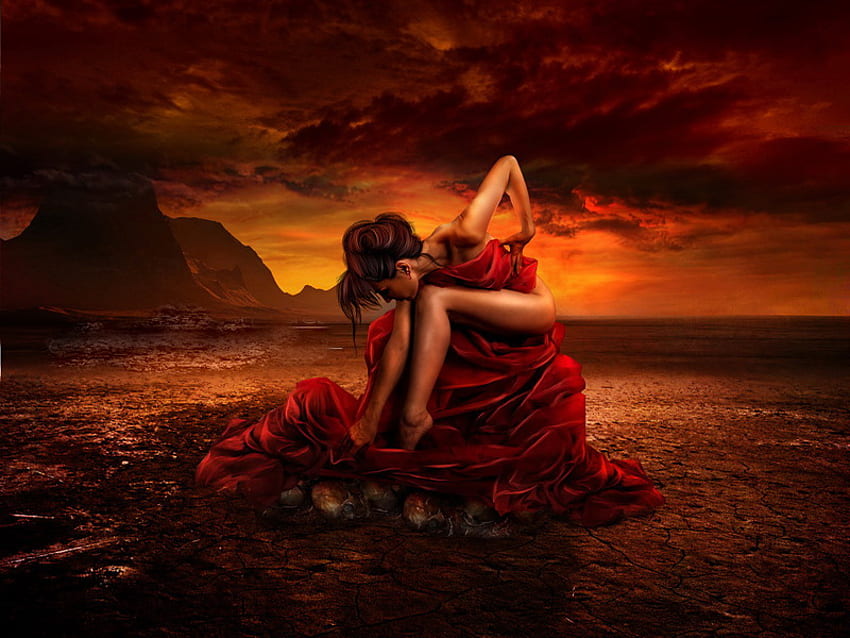 Passion in red, sea, dance, dancer, red dressed, girl, beauty, beach, woman, lady, red, clouds, passion, sky, ocean HD wallpaper