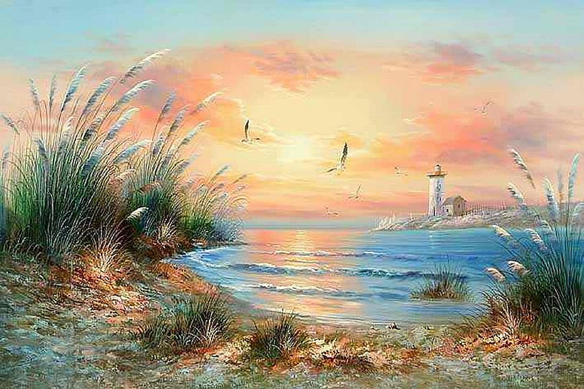 Sunrise, sea, lighthouse, painting, bird, art, sky HD wallpaper