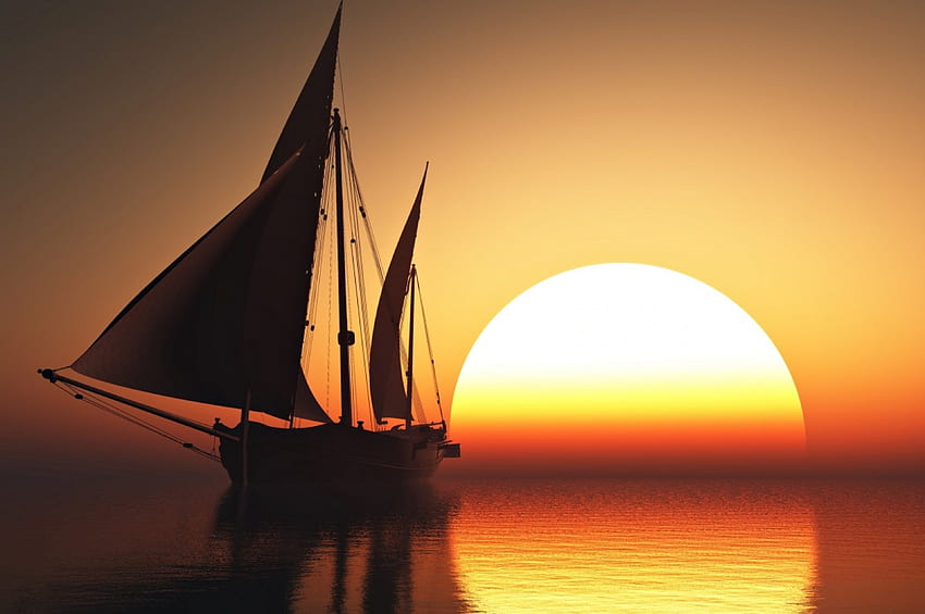 Romantic, boat, sea, orange, emotions, beauty, sailing, sky, sun, sunset HD wallpaper
