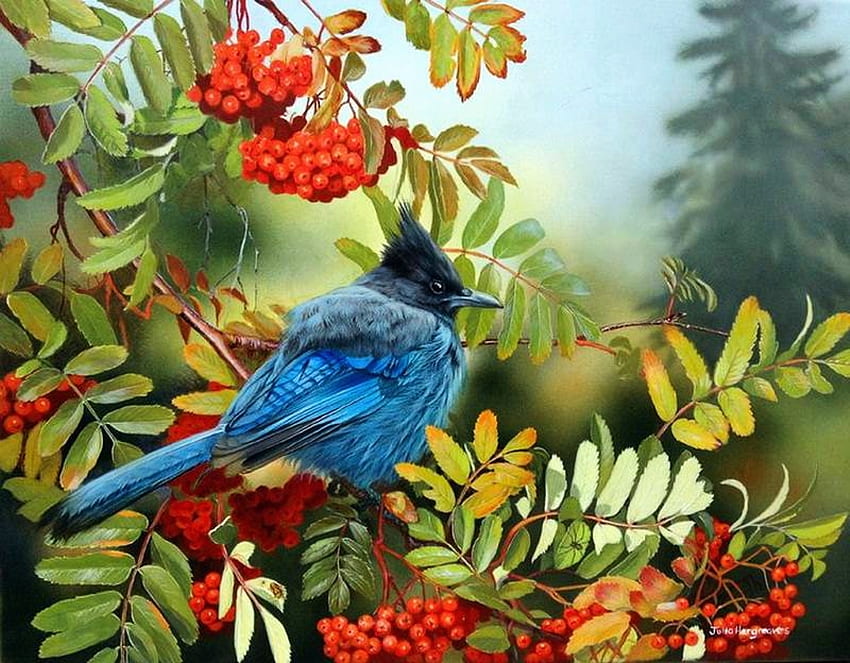 Пойна птица в синьо, произведения на изкуството, , птица, дървета, горски плодове HD тапет