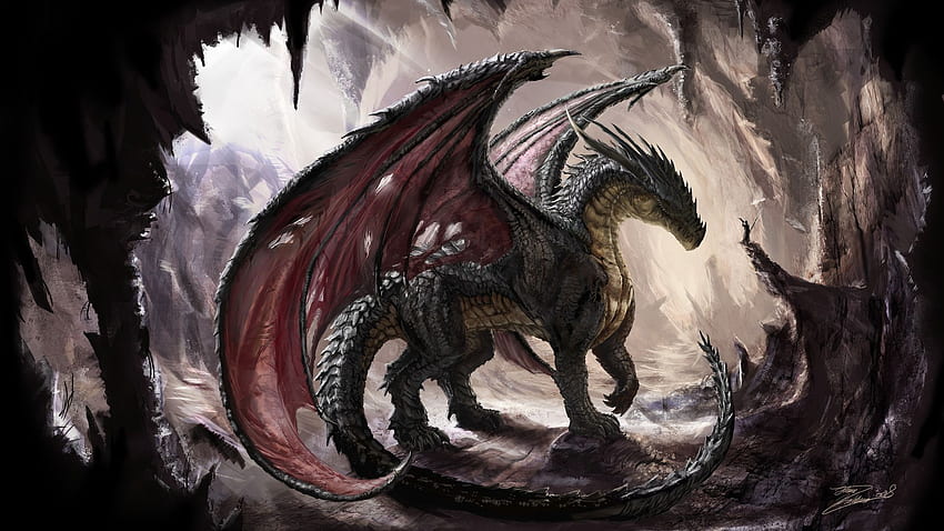 dragon, wings, cave, giant, rock, monster HD wallpaper