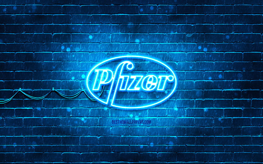 Синьо лого на Pfizer, , синя тухлена стена, лого на Pfizer, Covid-19, Коронавирус, неоново лого на Pfizer, ваксина срещу Covid, Pfizer HD тапет