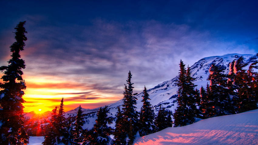 majestic sunset over winter landscape r, winter, clouds, r, mountains, forest, sunset HD wallpaper