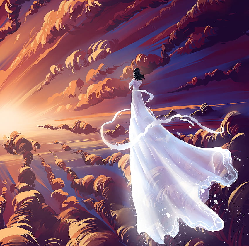 ในท้องฟ้า เด็กผู้หญิง ท้องฟ้า ส้ม แต่งตัว พระอาทิตย์ตก ขาว ไมเคิล เพนเควิค ศิลปะ เพ้อฝัน ลูมิโน เมฆ วอลล์เปเปอร์ HD