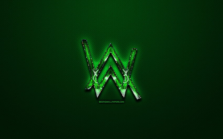 Zielone logo Alana Walkera, marki muzyczne, zielone tło vintage, grafika, Alan Walker, marki, szklane logo Adidas, kreatywne, logo Alana Walkera z rozdzielczością. Wysoka jakość, znak Alana Walkera Tapeta HD