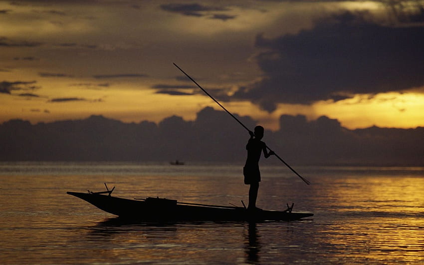 Doğa: Gün Batımında Balıkçı, Fergusson Adası, Papua Yeni, Papua Yeni Gine HD duvar kağıdı