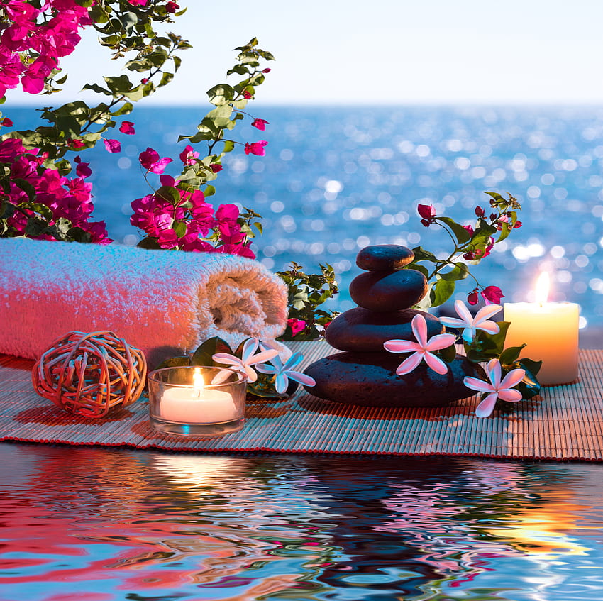 Sea spa background, Water, Candles, Towel, Spa HD wallpaper