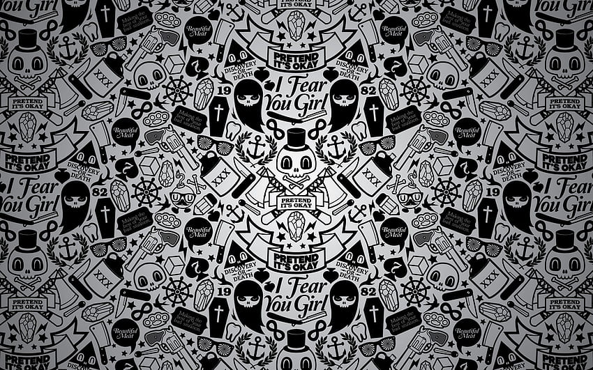 black and white, skulls, vector, hipster, artwork, JThree Concepts HD wallpaper