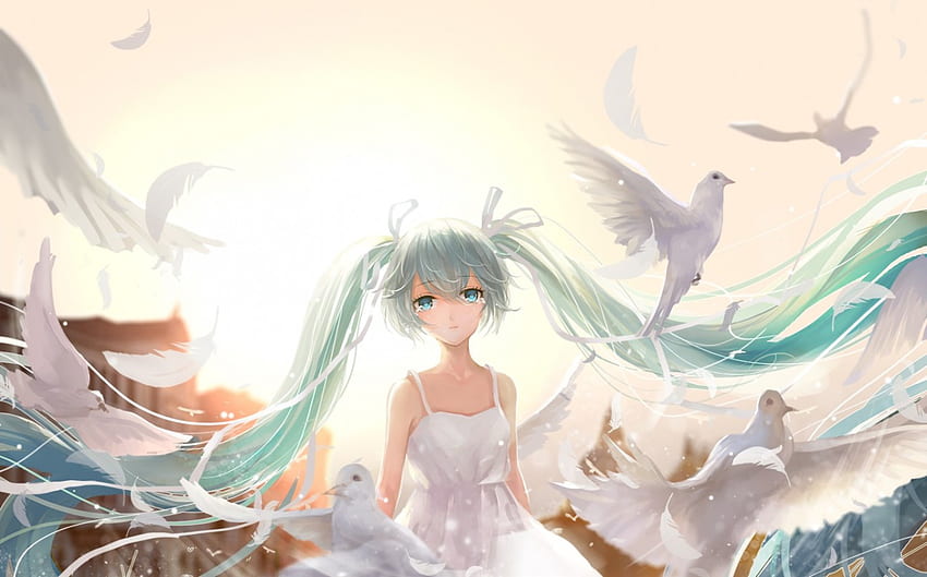 Prayer, blouse, vocaloid, twin tails, long hair, dress, miku hatsune, beauty, nice, miku, vocaloids, wing, hatsune, twintails, female, sweet, white, dove, bird, hatsune miku, twintail, flying, girl, beautiful, anime girl, featehre, anime, pretty, green hair, fly, pigeon, twin tail, lovely HD wallpaper