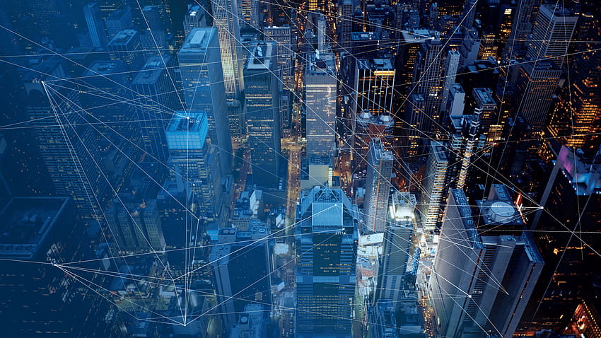 การเชื่อมต่อเครือข่ายซ้อนทับบนดาวน์ทาวน์ Cityscape - การแปลงเครือข่าย - & พื้นหลัง วอลล์เปเปอร์ HD