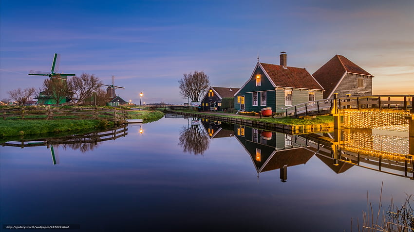 オランダの家、反射、ライト、ミル、自然、家、湖、夕方 高画質の壁紙