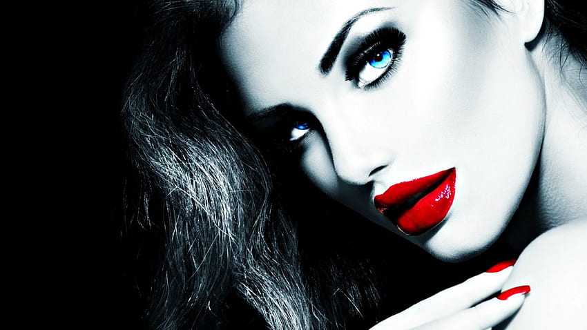 Dark beauty, blue, black, model, eyes, girl, beauty, anna subbotina, woman, red, face, lips HD wallpaper