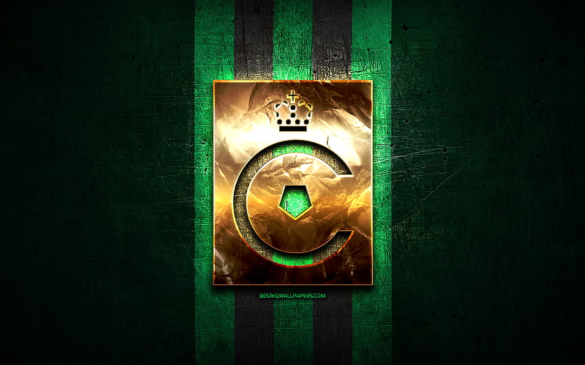Cercle Brugge FC, 황금색 로고, Jupiler Pro League, 녹색 금속 배경, 축구, 벨기에 축구 클럽, Cercle Brugge 로고, 축구, Cercle Brugge KSV HD 월페이퍼