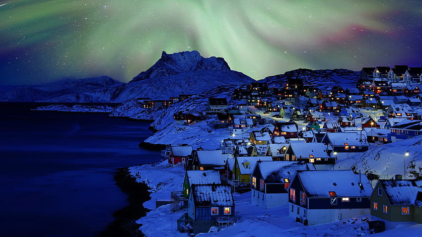Nuuk Old Town Northern Light, Groenlandia, noche, mar, invierno, arte, pueblo, techos, hermoso, casas, aurora borealis, norte, nieve, luces, cielo, hielo, pueblo fondo de pantalla