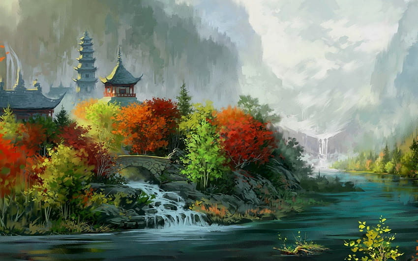 Fantasy art painting asian oriental trees autumn fall rivers castle . HD wallpaper