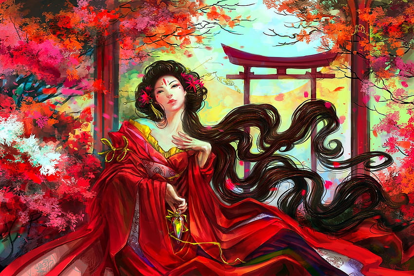 Oriental girl, asian, art, girl, geisha, oriental, fantasy, red, anndr, autumn, luminos HD wallpaper