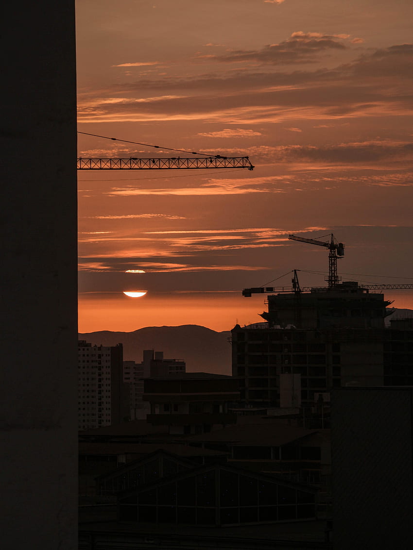 Sunset, Sun, Clouds, Building, Dark, Silhouettes HD phone wallpaper