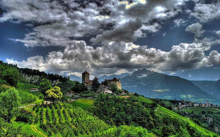 hillside monastery r, hills, town, monastery, trees, fields, r, mountains HD wallpaper
