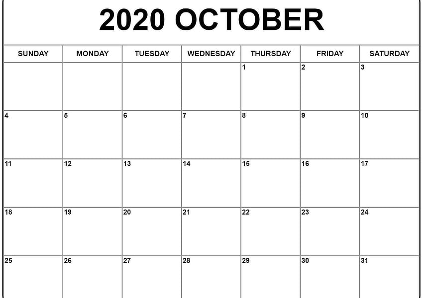 Календар за октомври 2020 г. PDF, Word, Excel шаблон HD тапет