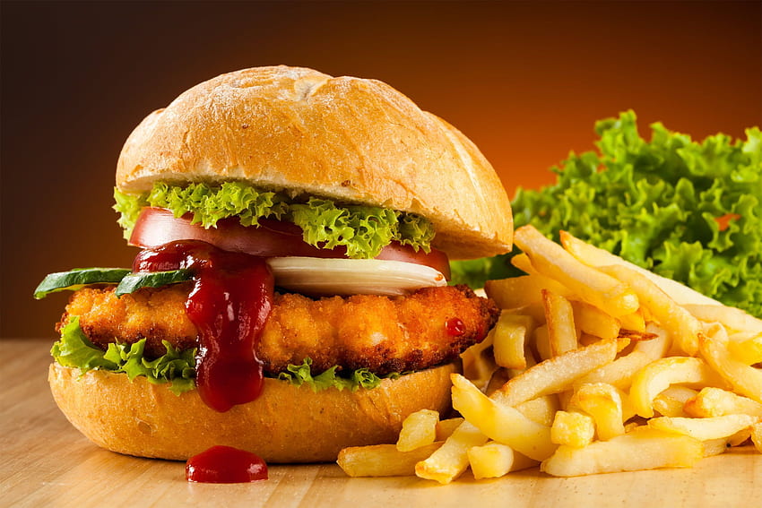 Burger ayam, Dinding, Makanan, hamburger, selada, daging sapi, daging, tomat pada tahun 2020. Burger dan kentang goreng, Burger ayam, Restoran cepat saji, Sandwich Ayam Wallpaper HD