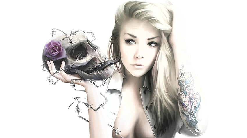 rose, barbed wire, skull, white background, tattoo, girl HD wallpaper