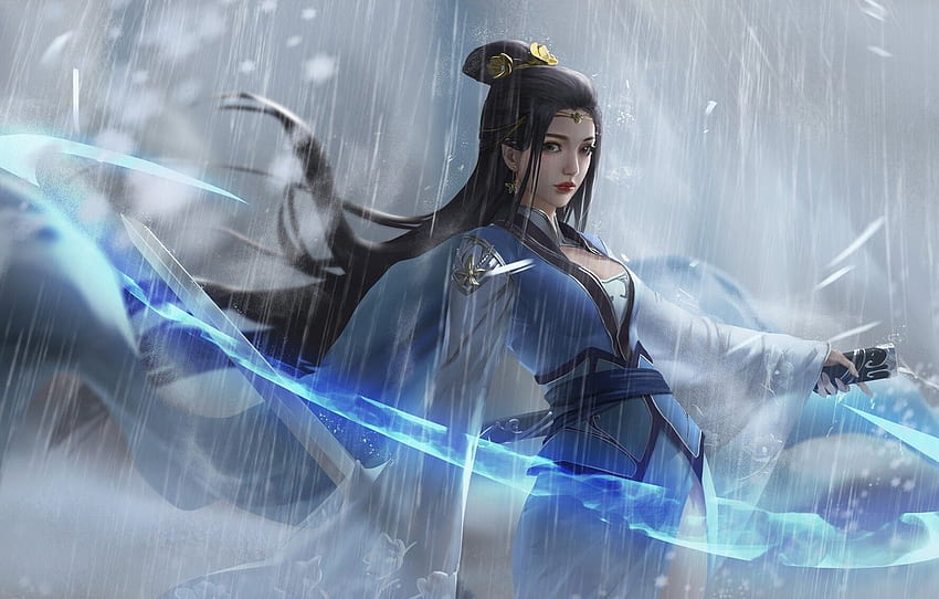 Dziewczyna, deszcz, Azjatka, dziewczyna, miecz, sukienka - chińska dziewczyna Blue Sword Art, chińska dama Tapeta HD