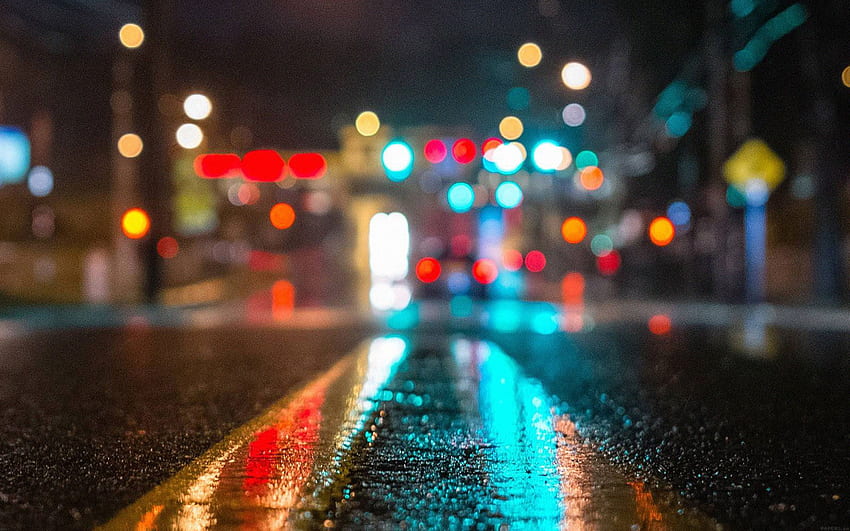 Rainy City Road Bokeh Lights HD wallpaper