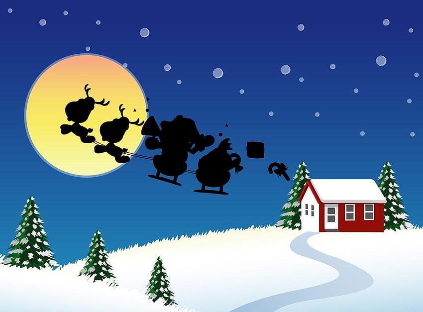 Holidays, Santa Claus, Moon, Fir-Trees, Christmas, House, Flight, Sleigh, Sledge HD wallpaper